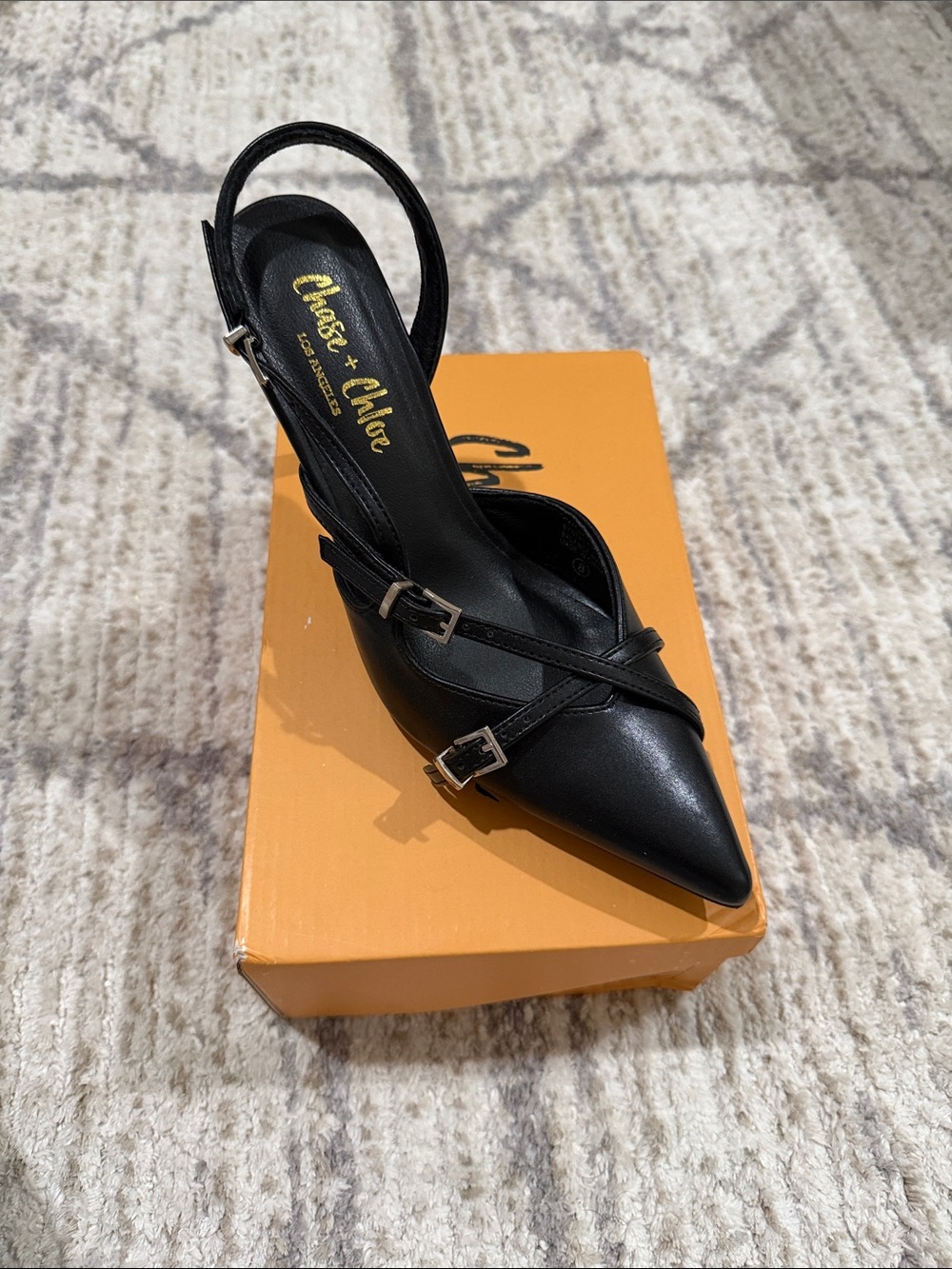 Chase + Chloe Black Pointed Slingback with Buckle Straps